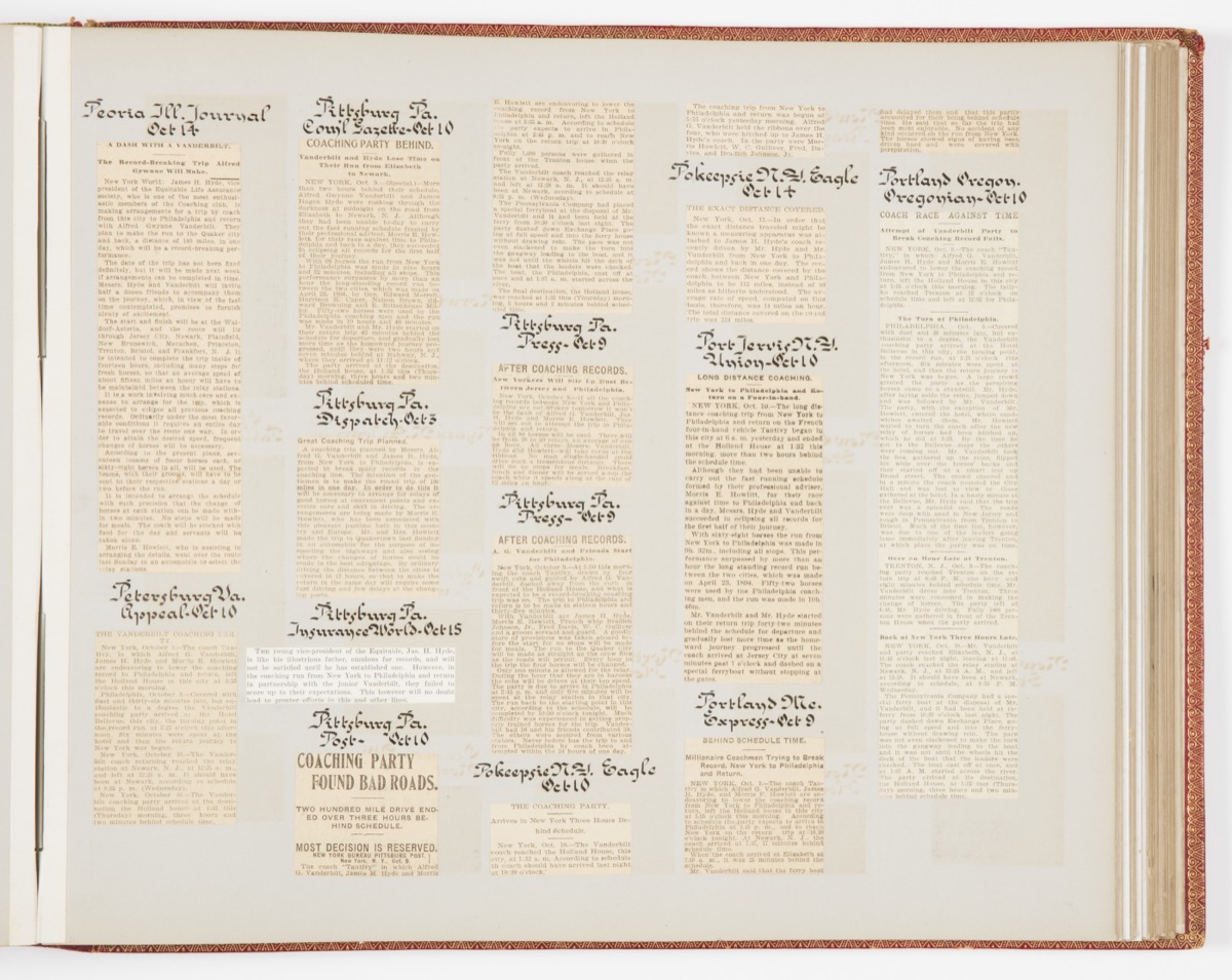 Commemorative Scrapbook Documenting the 1901 Record Breaking Coach Race from New York City to Philadelphia and Back Again