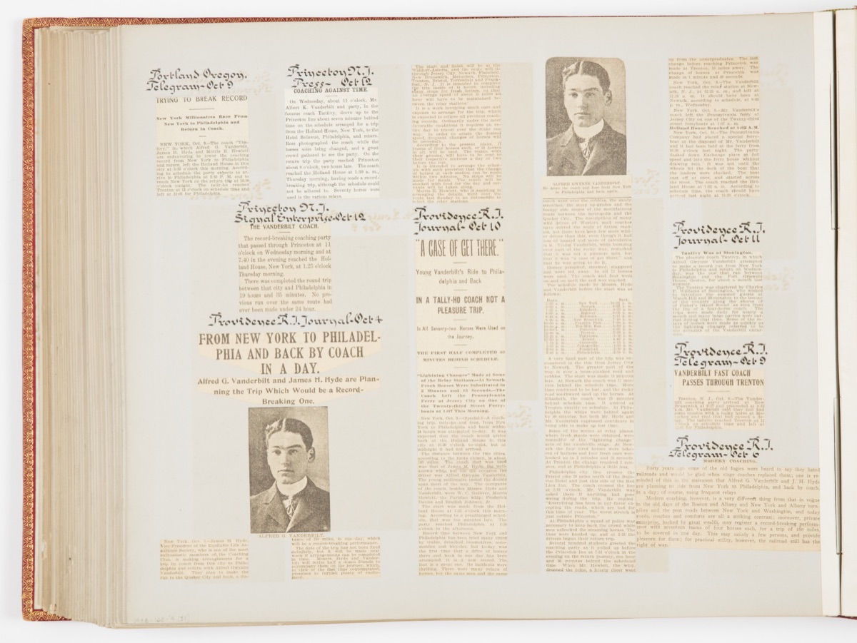 Commemorative Scrapbook Documenting the 1901 Record Breaking Coach Race from New York City to Philadelphia and Back Again