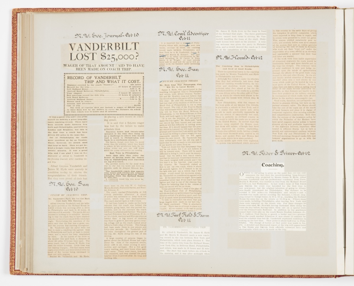 Commemorative Scrapbook Documenting the 1901 Record Breaking Coach Race from New York City to Philadelphia and Back Again