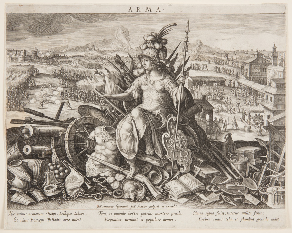 Minerva, or "Arma" (Allegory of the Art of War), pl. 2 in the Schema, seu Speculum Principum (Skills of a Prince) series — Jan Sadeler, the Elder, ca. 1550 – 1600; Jan van der Straet, called Stradanus, Flemish, 1523–1605