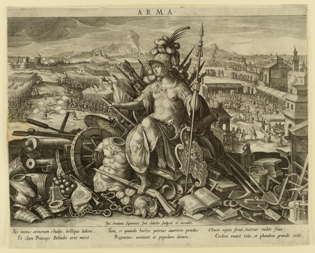 Minerva, or "Arma" (Allegory of the Art of War), pl. 2 in the Schema, seu Speculum Principum (Skills of a Prince) series — Jan Sadeler, the Elder, ca. 1550 – 1600; Jan van der Straet, called Stradanus, Flemish, 1523–1605
