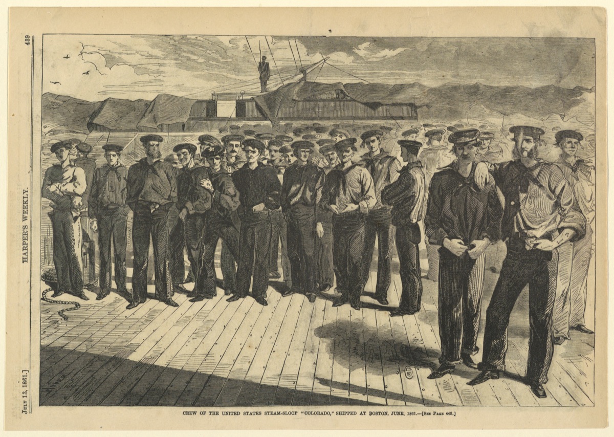 Crew of the U.S. Steam-sloop "Colorado," Shipped at Boston, June 1861, from Harper's Weekly, July 13, 1861, p. 439. — Harper & Bros., New York, New York, USA
