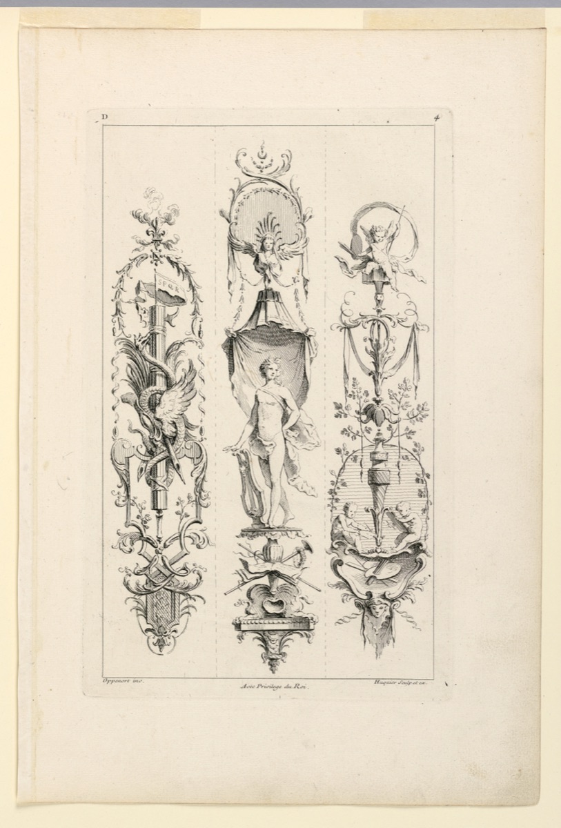 Page Four from "Quatrieme Livre Contenant Des Montans où Pilastres Inventés par G. M. Oppenort Architecte du Roi et Gravés par Huquier" — Gilles-Marie Oppenord, French, 1672–1742; Gabriel Huquier, French, 1695–1772