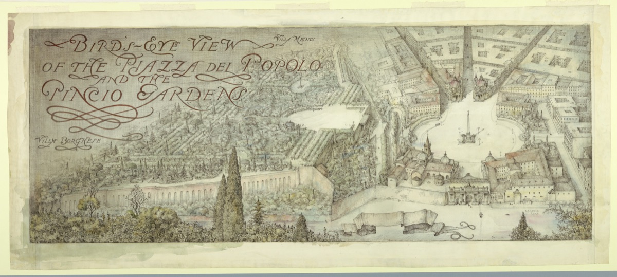 Bird's-eye view of the Piazza del Popolo and the Pincio Gardens in Rome — Ernest Farnum Lewis, 1883 - 1950