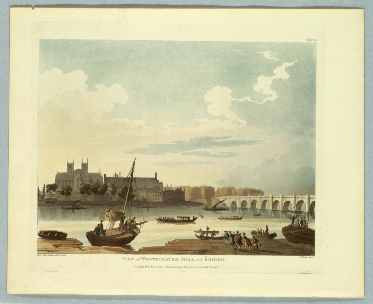 View of Westminster Hall and Bridge, from "Ackermann's Repository" — Thomas Rowlandson, British, 1756–1827; Augustus Charles Pugin, French, active Great Britain, ca. 1762–1832