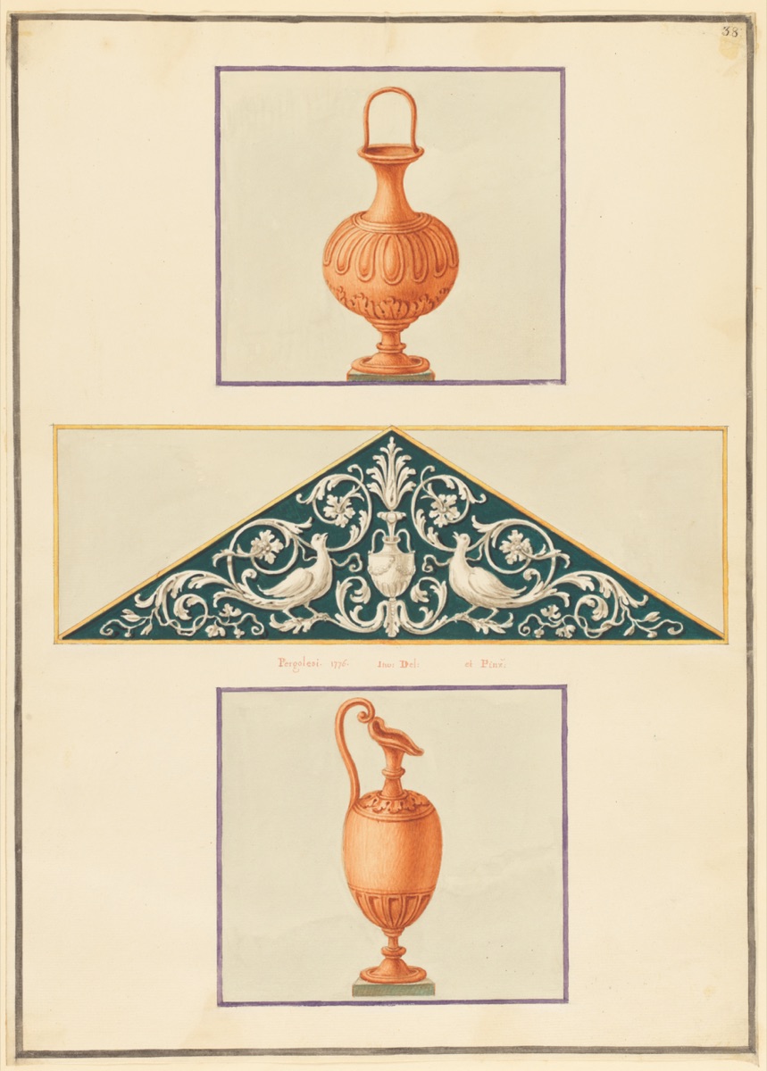 Ornament Design, Urns and Triangular Panel with Doves — Michel Angelo Pergolesi, Italian, active ca. 1760–1801