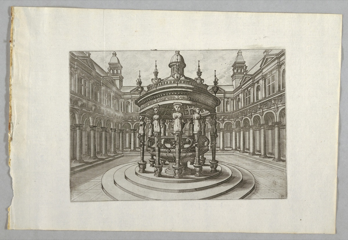 A Round Roofed Fountain with Caryatids in an Arcaded Palace Courtyard — Jan van Doetechum the Elder, Dutch, active 1554 - ca. 1600; Johannes van Doetechum I, ca. 1530 – 1606; Lucas van Doetechum, Dutch, after 1584
