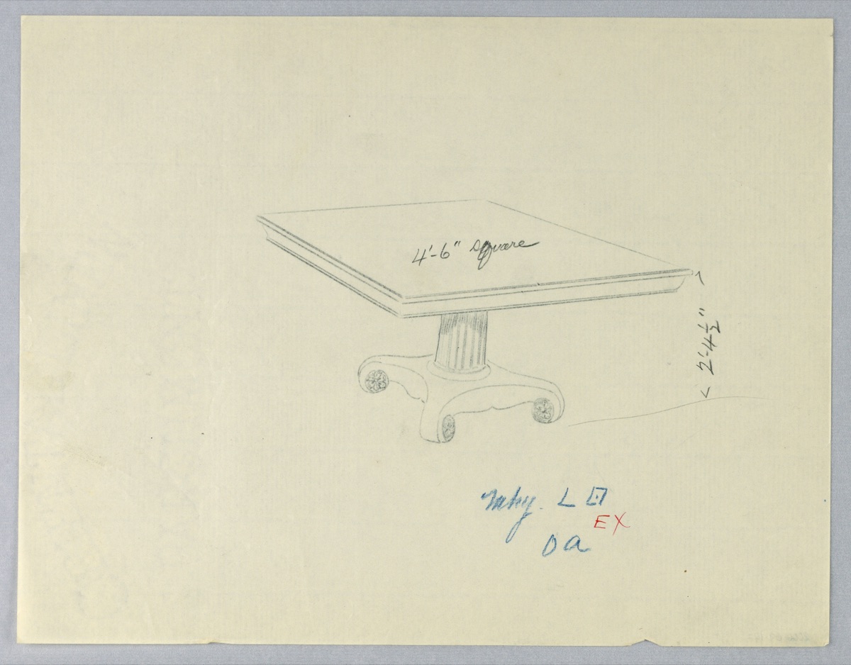 Design for a Square Dining Table on Scroll-Like Feet — A.N. Davenport Co.