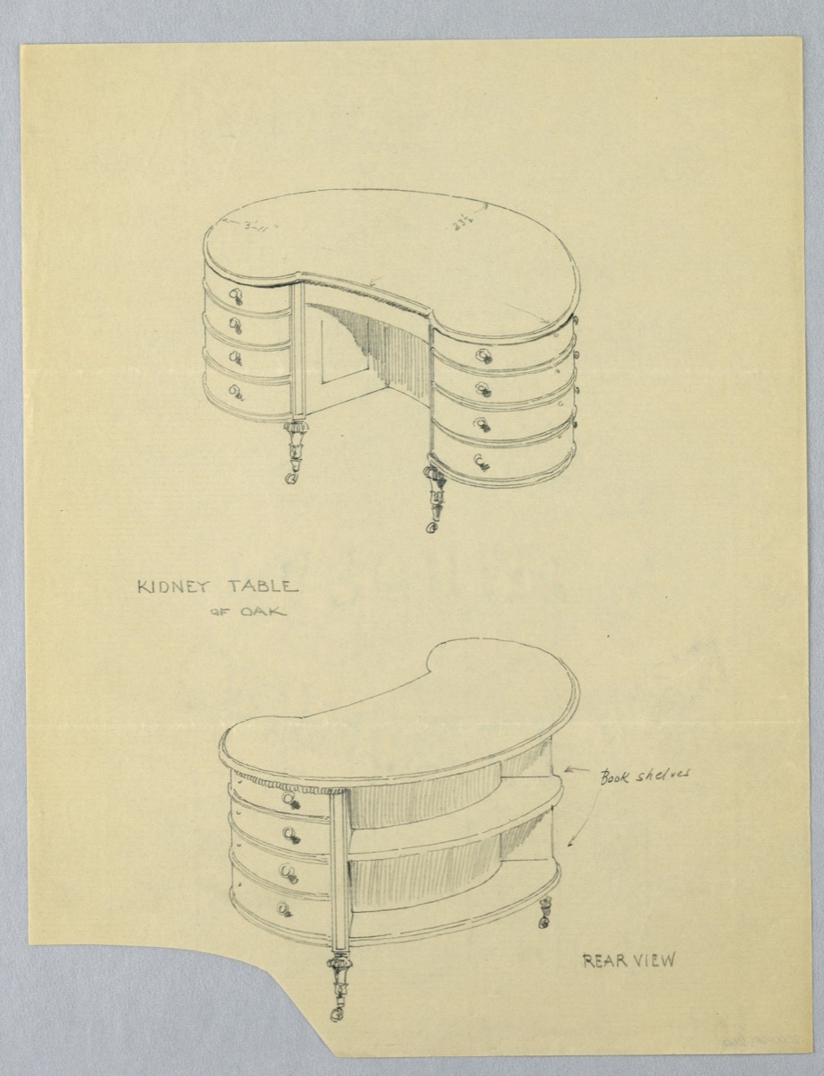 Design for Kidney-Shaped Writing Table with Book Shelves at Back — A.N. Davenport Co.