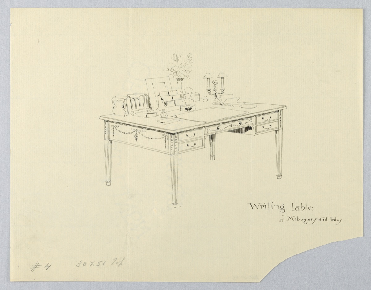 Design for Rectangular Writing Table No. 4 with Bust and Double Lamp Atop — A.N. Davenport Co.
