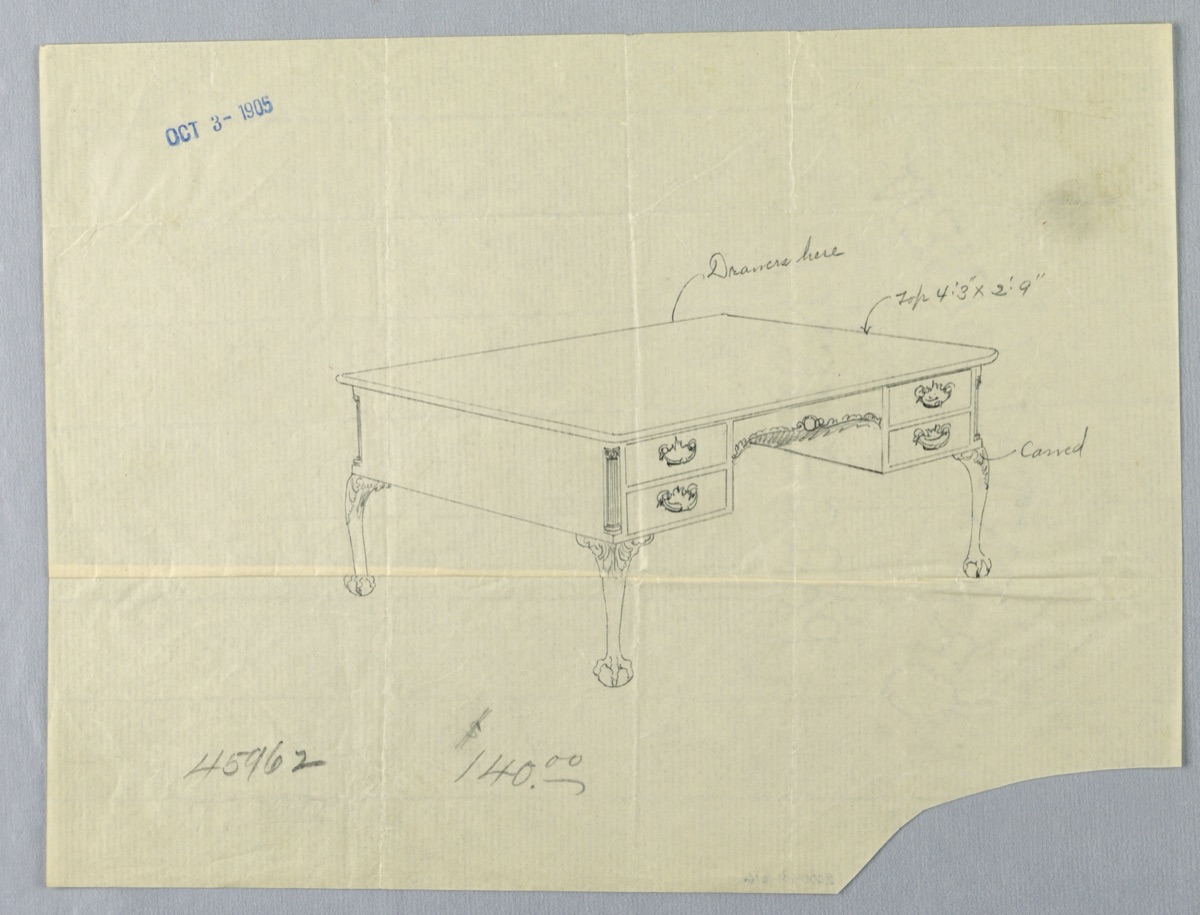 Design for Rectangular Writing Table #45962 with Lion-Paw Feet — A.N. Davenport Co.