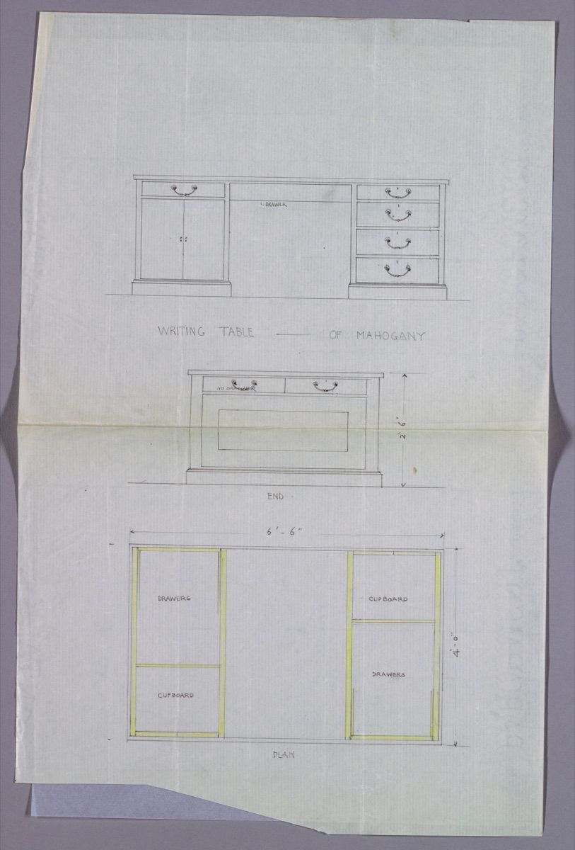 Design for Writing Table with Double-Door Cupboard at Left, in Three Views — A.N. Davenport Co.