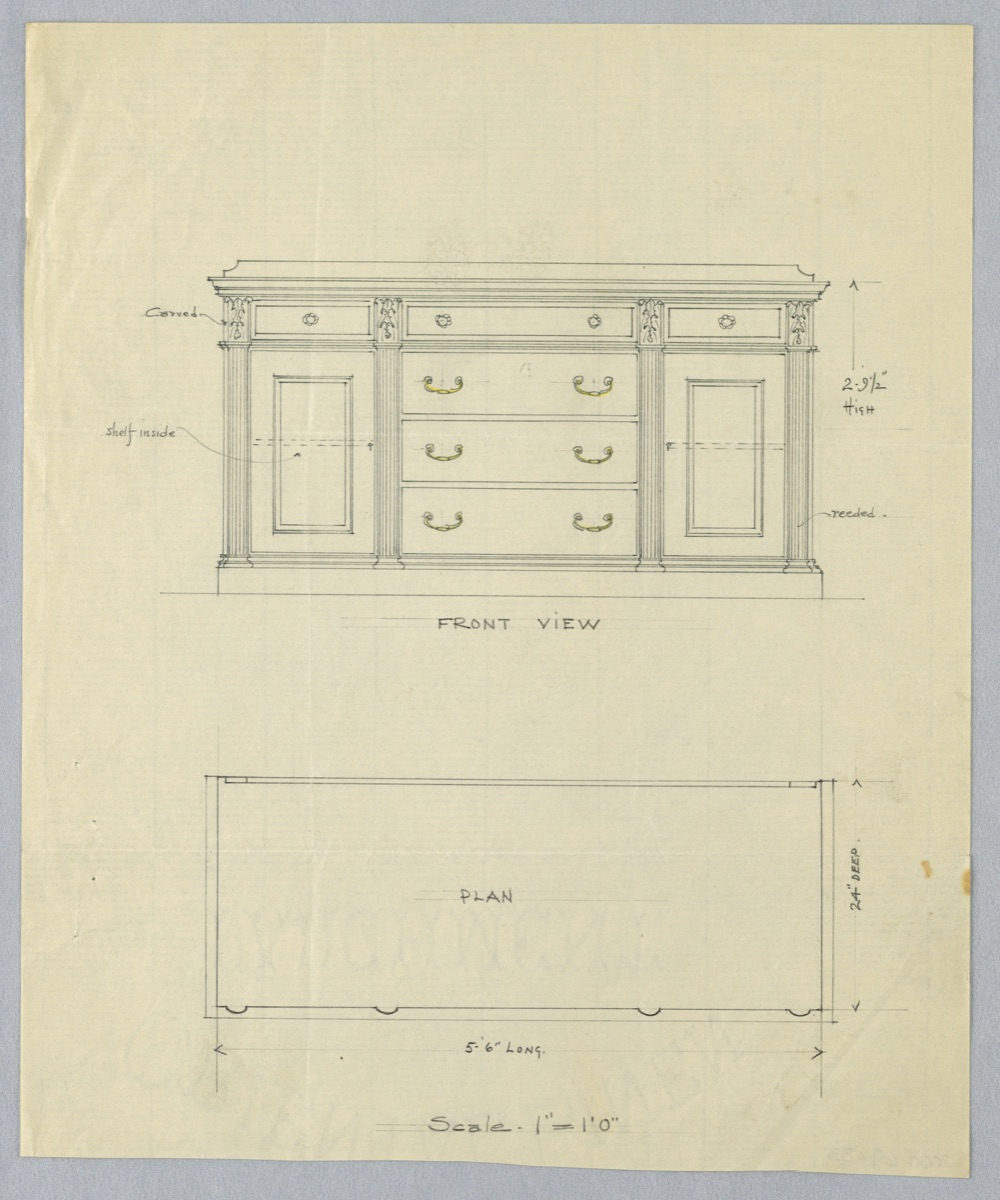 Elevation and Plan for Sideboard with Reeded Pilasters — A.N. Davenport Co.