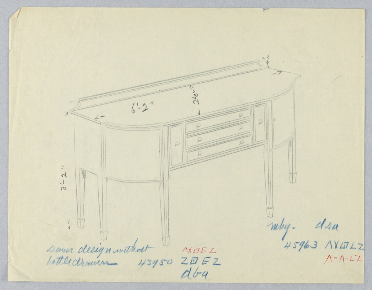Design for Six-legged Sideboard with Rounded Corners and Five Central Drawers — A.N. Davenport Co.