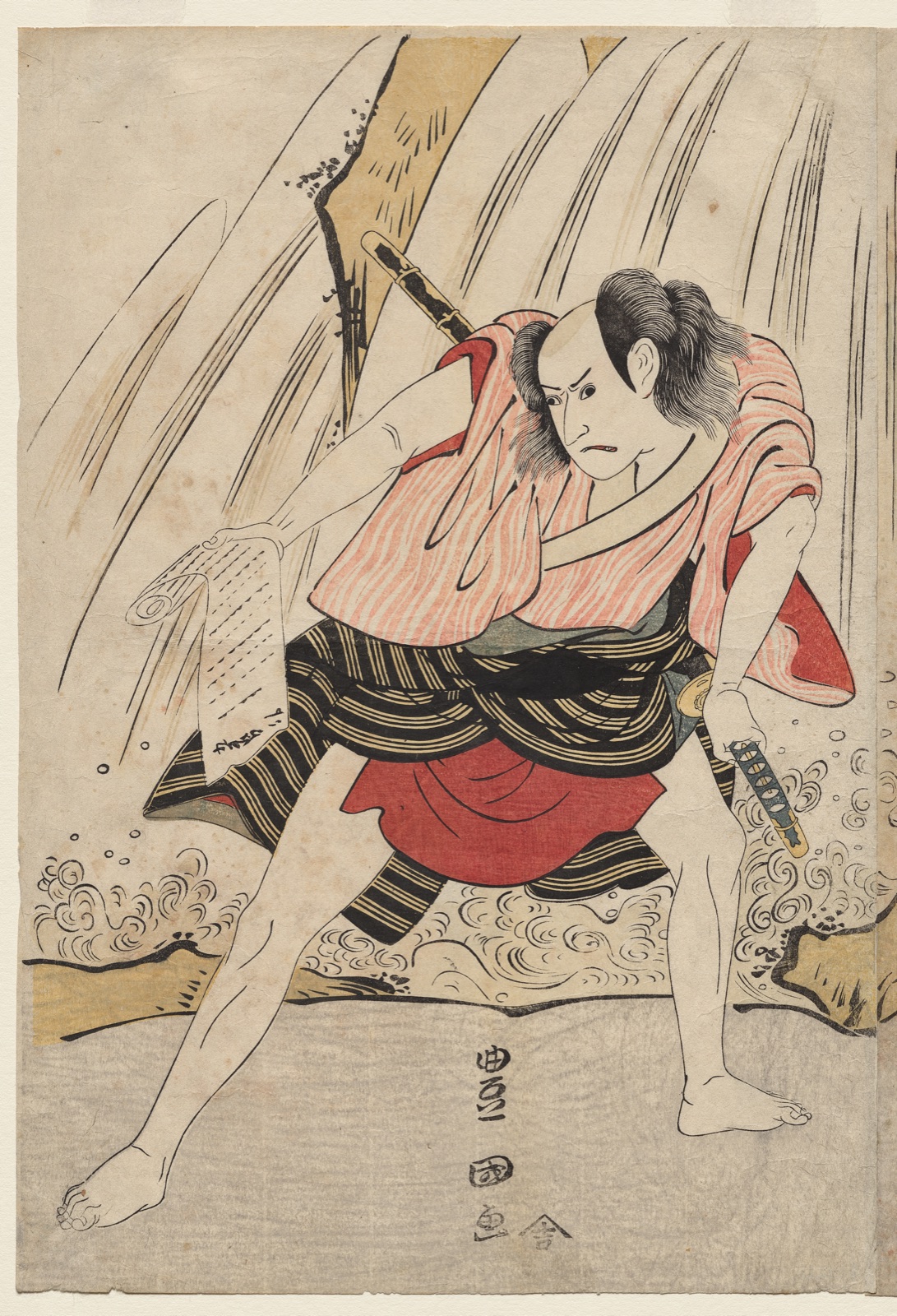 Kataoka Nizaemon VII and Ichikawa Yaozo III in a Confrontation Beside a Waterfall — Utagawa Toyokuni (Japanese, 1769–1825)