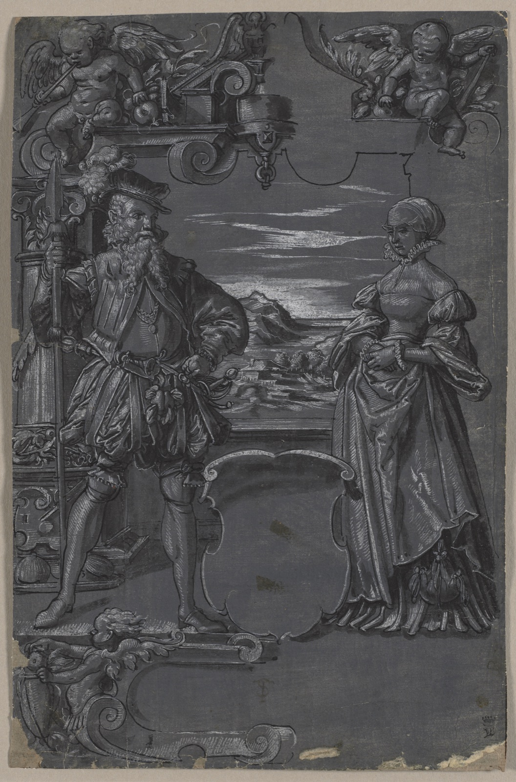 Design for Glass Painting: Man and Woman in Architectural Setting — Tobias Stimmer (Swiss, 1539–1584)