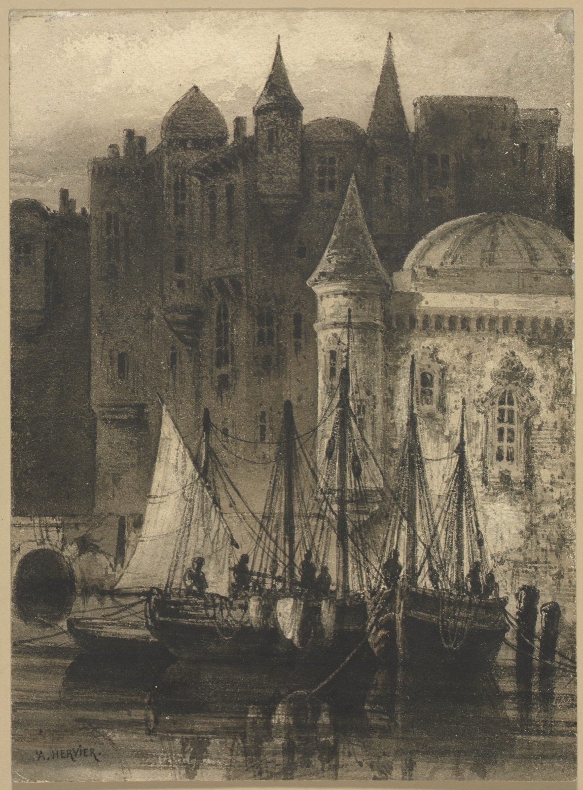 Harbor Scene with Boats and Castle — Auguste Hervier (American)