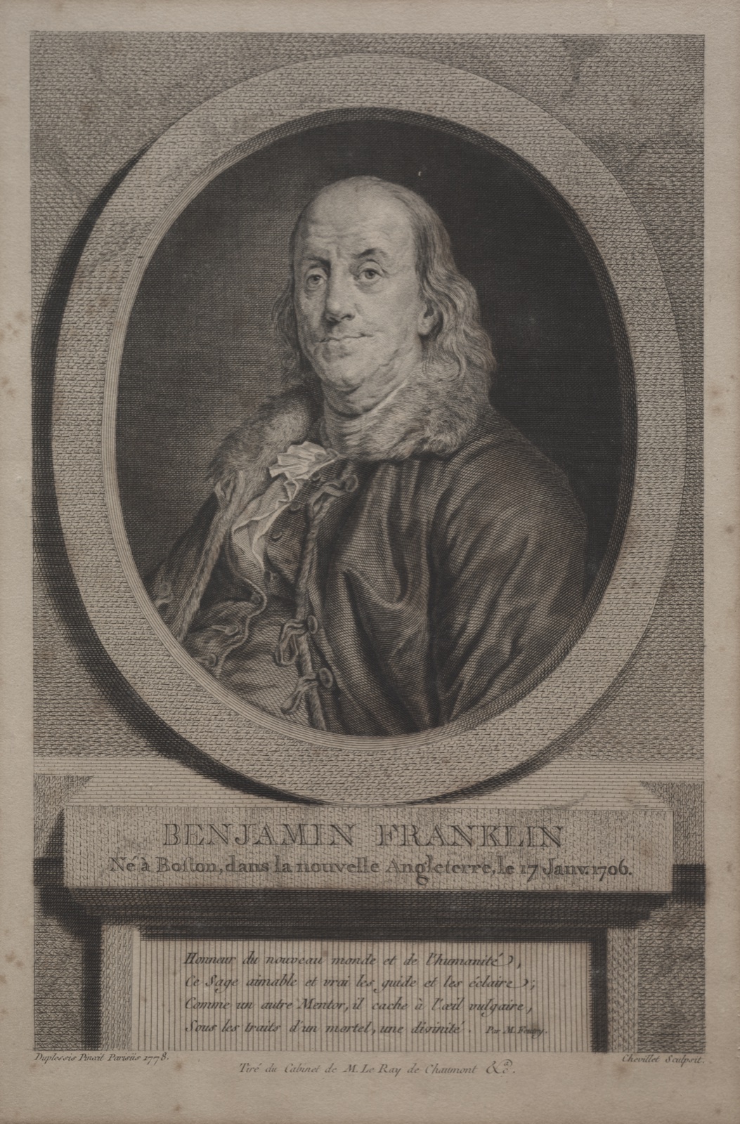 Benjamin Franklin — Justus Chevillet (French, 1729–1802); Published in Journal de Paris, 7 July 1779 and in the Gazette de France, 16 July 1779; Jean Claude Thomas Duplessis (French, 1783)
