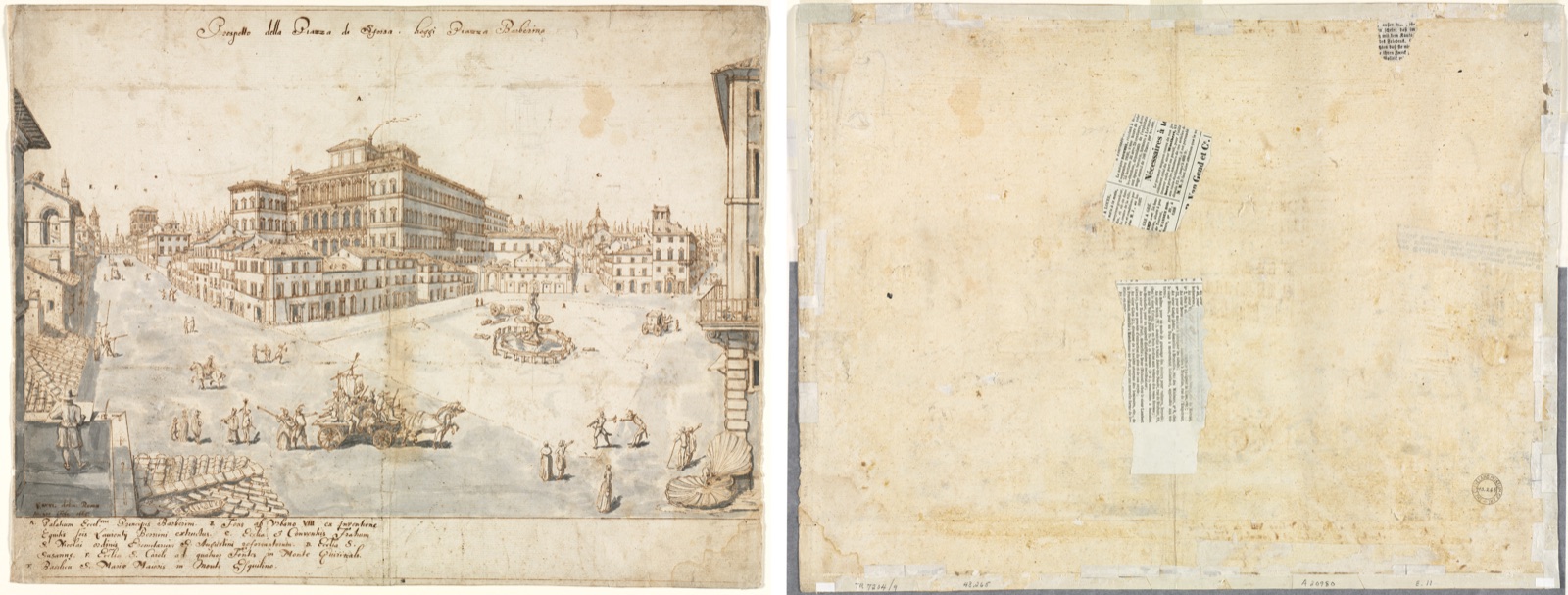 Eighteen Views of Rome: The Piazza Barberini (recto); Tracing of a Fountain from recto and Sketches of Two Faces (verso) — Lievin Cruyl (Flemish, c. 1640-c. 1720)