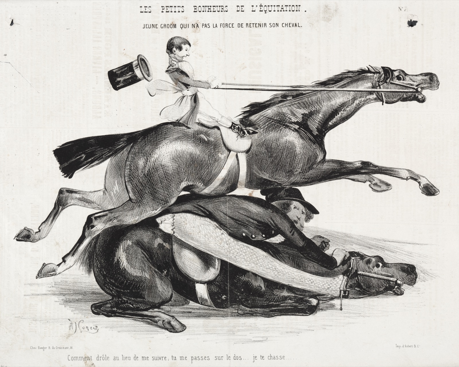 Les petits bonheurs de l'équitation: Jeune Groom qui n'a pas la force de retenir son cheval — Alade Joseph Lorentz (French, 1813-after 1858)