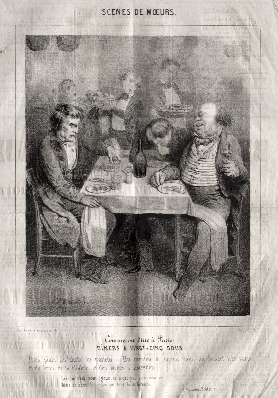 Scènes de moeurs: Comme ou dine à Paris. Diners a vingt-cing sous. Trois plates au choix du traiteur... — Charles Joseph Traviès de Villers (French, 1804–1859)
