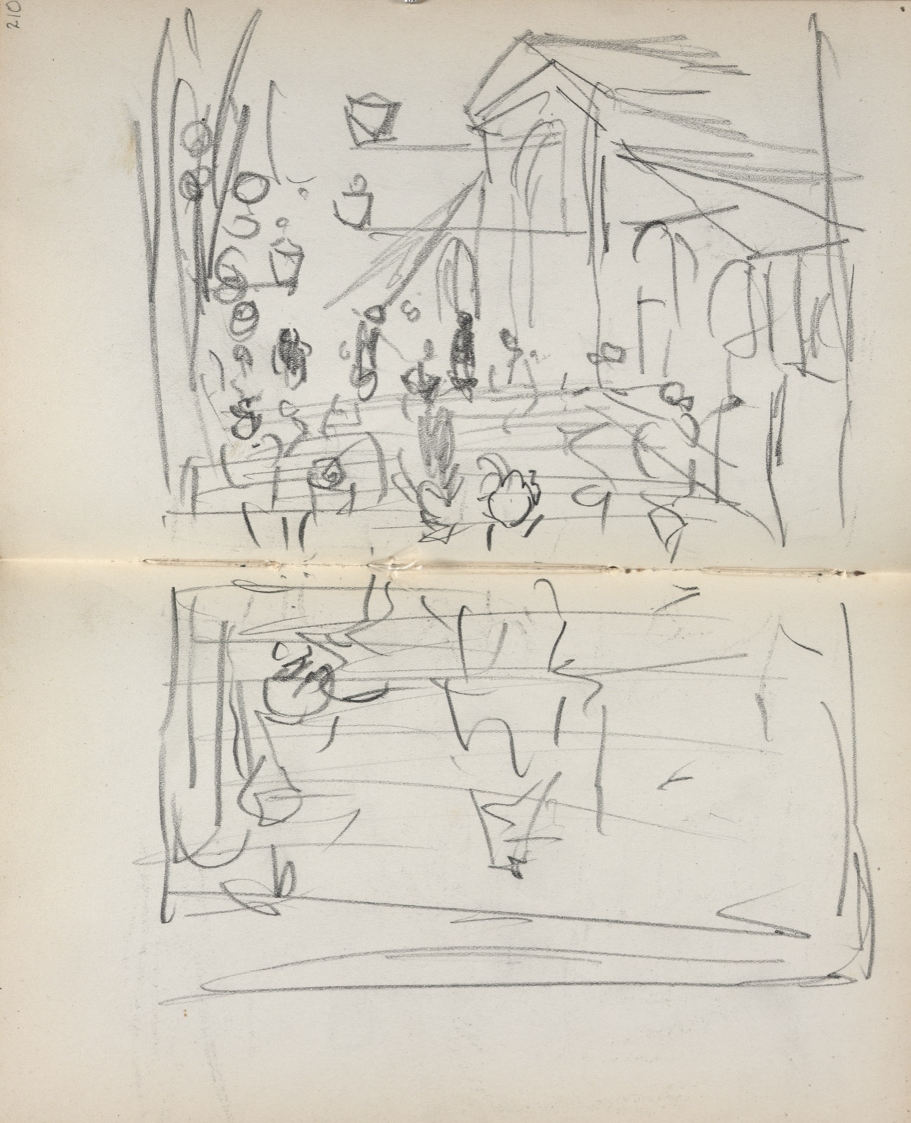 Italian Sketchbook: Bridge with Figures (page 209 & 210) — Maurice Prendergast (American, born Newfoundland [now Canada], 1858–1924)