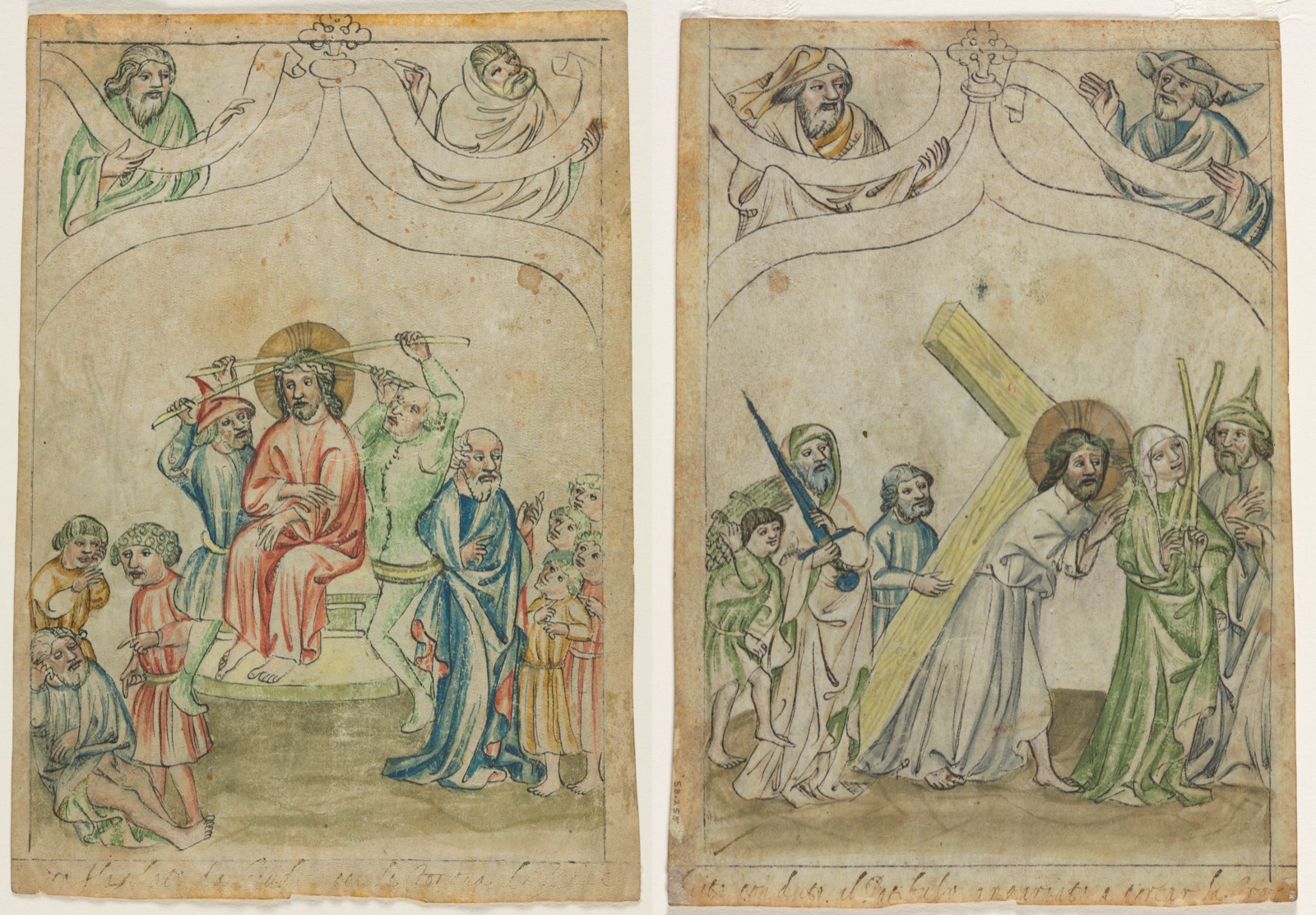 Single Leaf from a "Biblia Pauperum": Christ Crowned with Thorns (recto) Christ Carrying the Cross (verso)