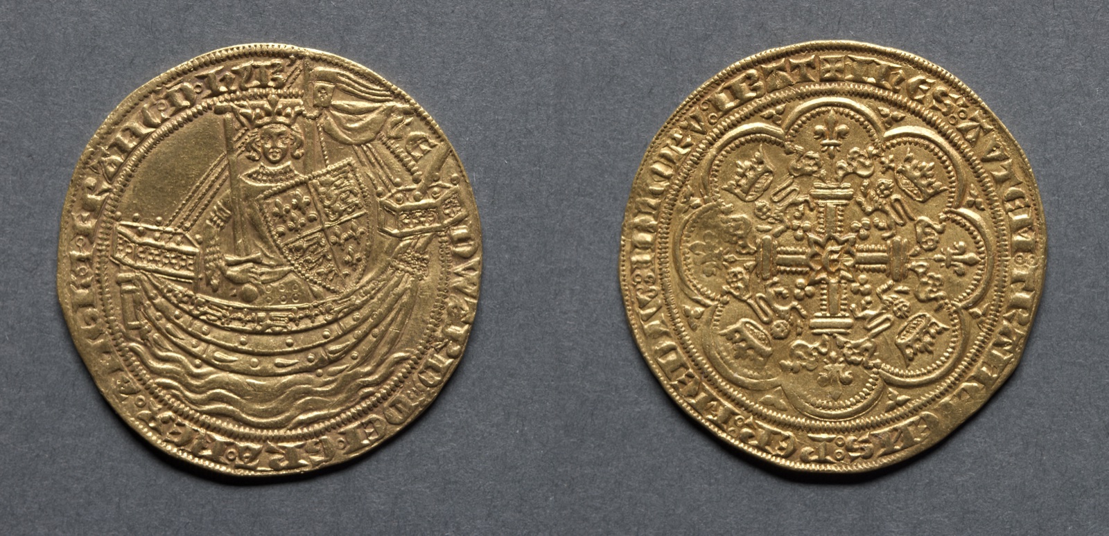 Noble: Edward III Standing in Ship with Shield of Arms (obverse); Ornamental Cross with Lis Terminals (reverse)