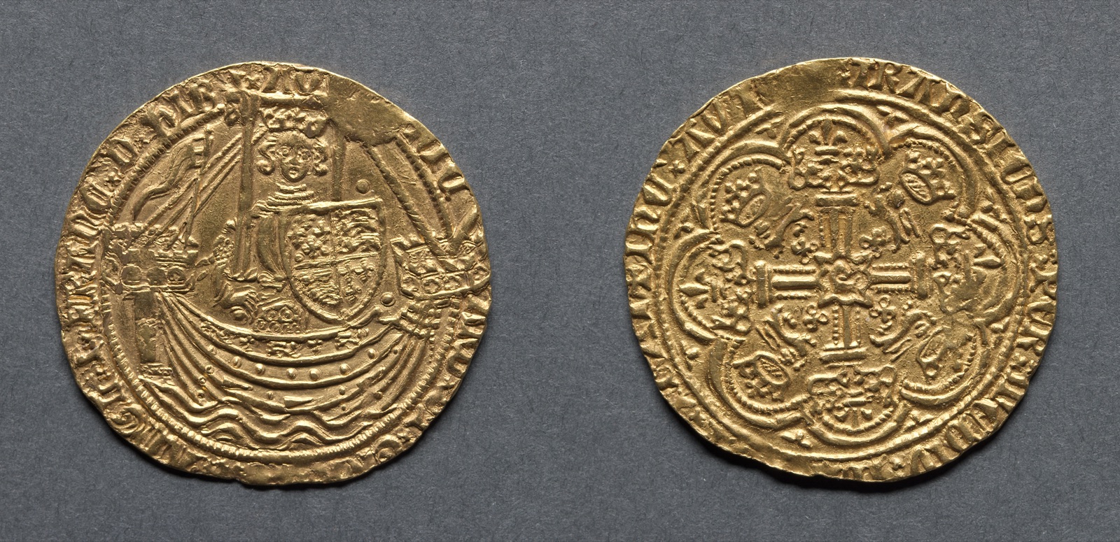 Noble: Richard II Standing on Ship with Shield of Arms (obverse); Ornamental Cross with Lis Terminals (reverse)