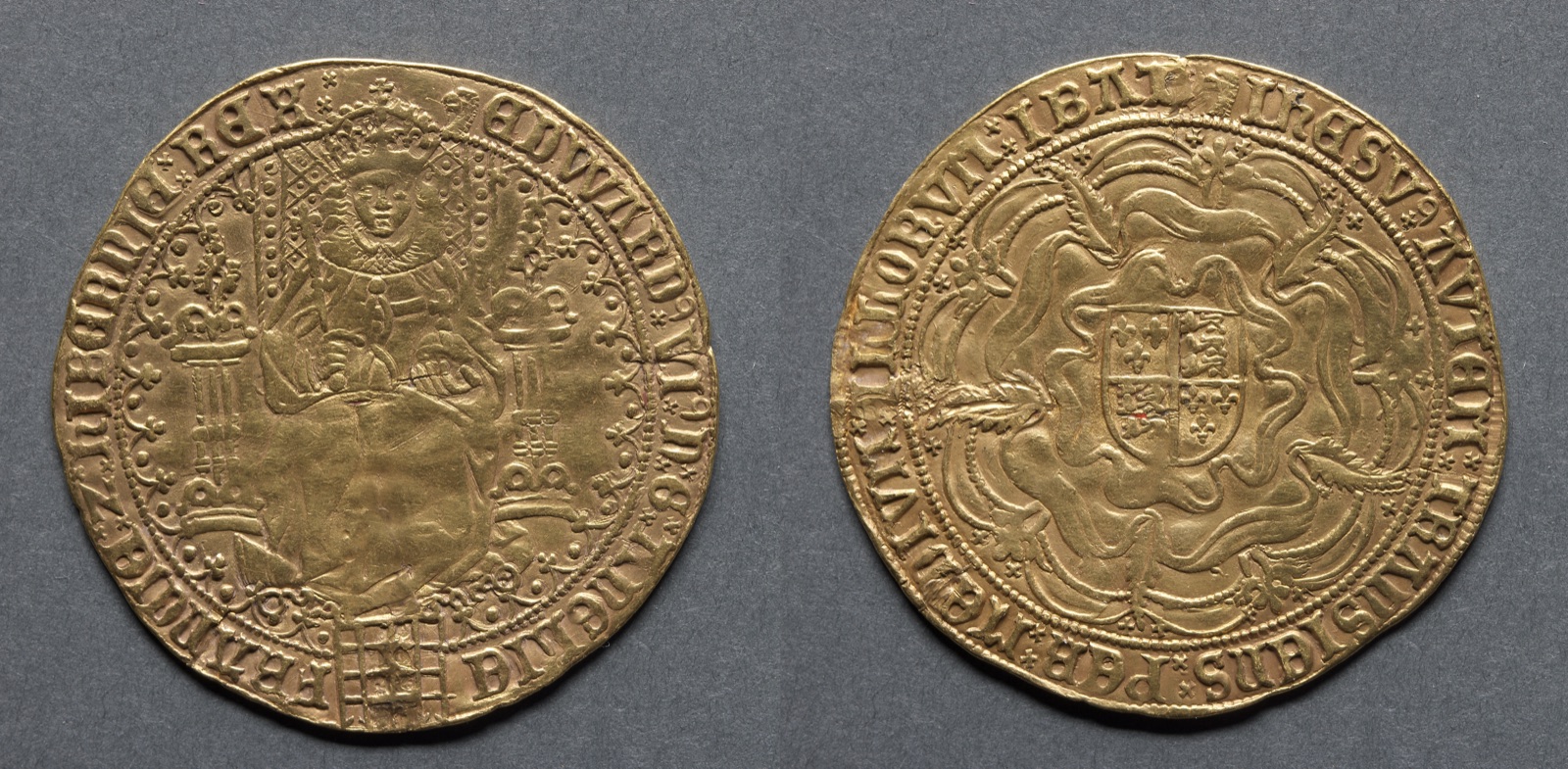 Sovereign of Thirty Shillings: Edward VI Enthroned (obverse); Shield of Royal Arms on Rose (reverse)