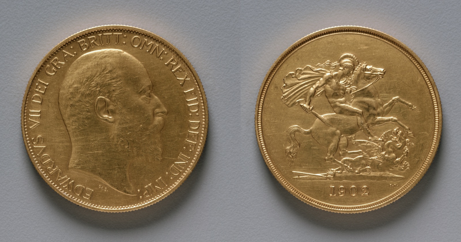 Five Pound Piece: Edward VII (obverse); St. George and the Dragon (reverse) — Benedetto Pistrucci (Italian, 1784–1855); George Edward de Saulles (British)
