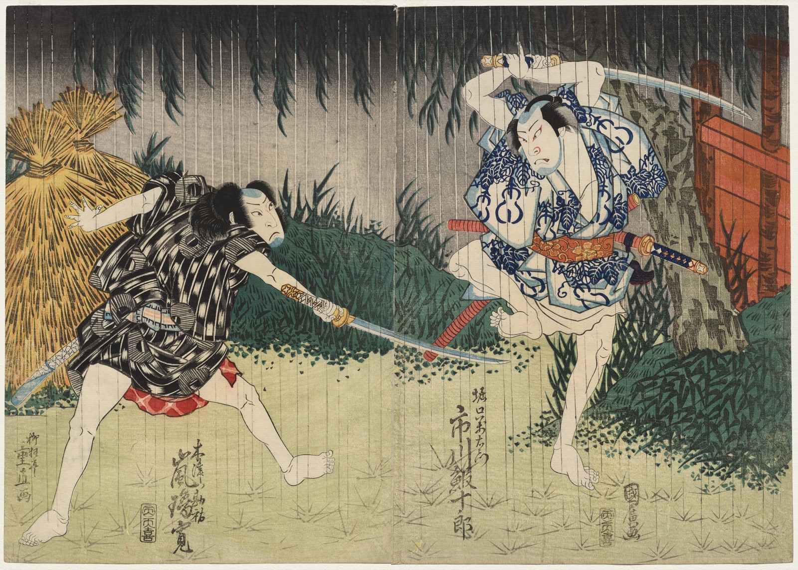 Arashi Rikan II as Kizu Kansuke; Ichikawa Ebijuro II as Horiguchi Manzaemon — Shigenao (Japanese); Utagawa Kunihiro (Japanese)