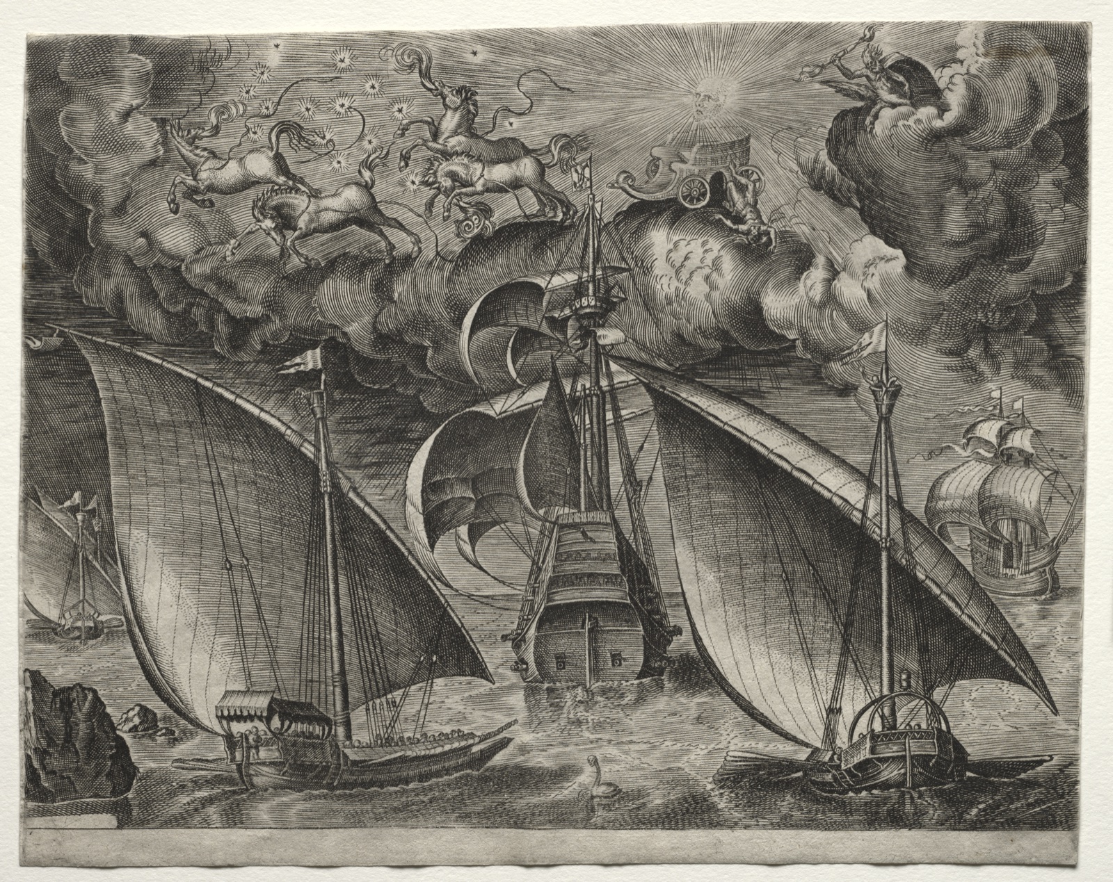 Sailing Vessels: Two Galleys Sailing Behind an Armed Three-Master with Phaeton and Jupiter in the Sky — Pieter Bruegel (Netherlandish, c. 1525/30–1569)