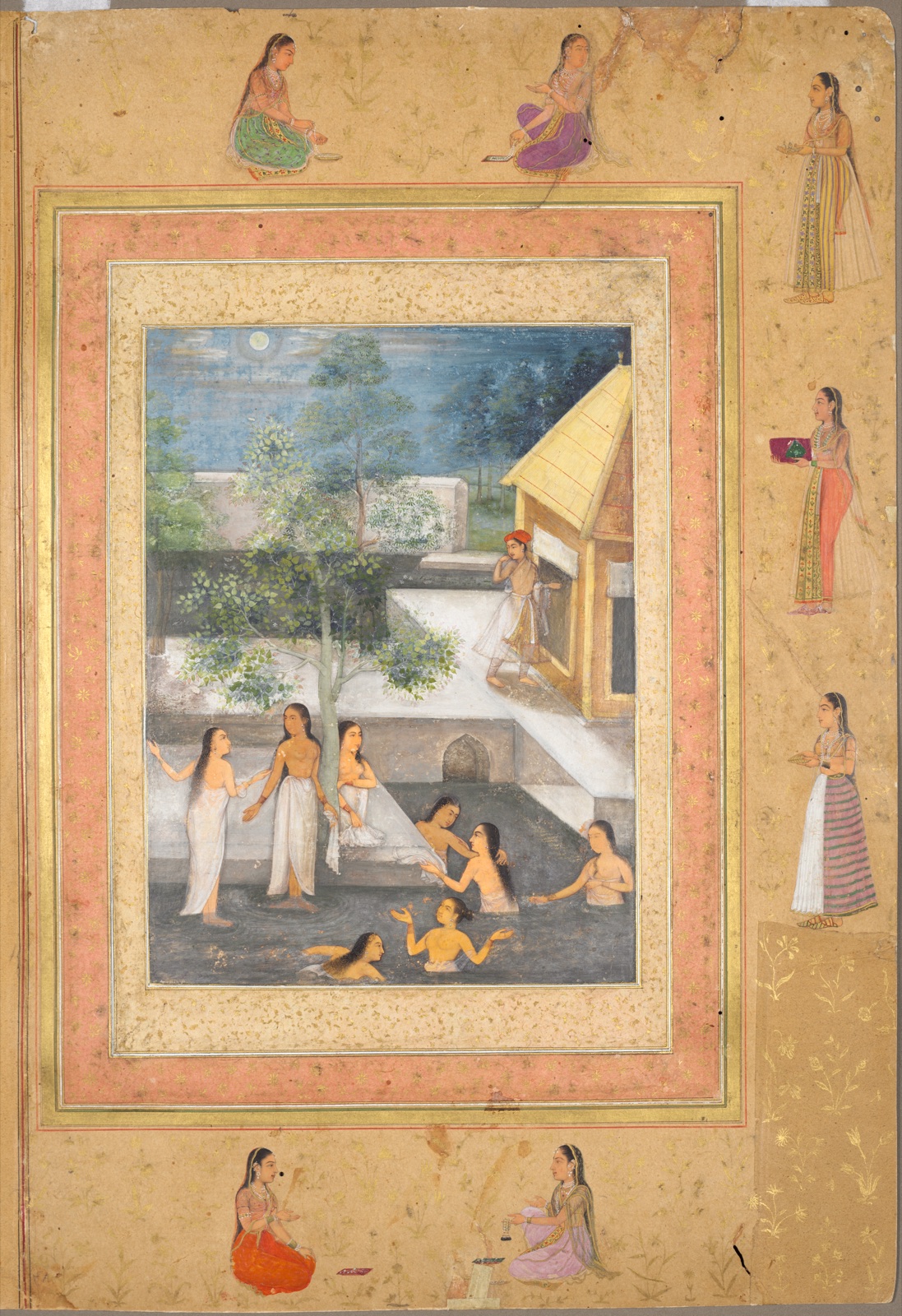 Harem night-bathing scene, from the Late Shah Jahan Album (recto)
