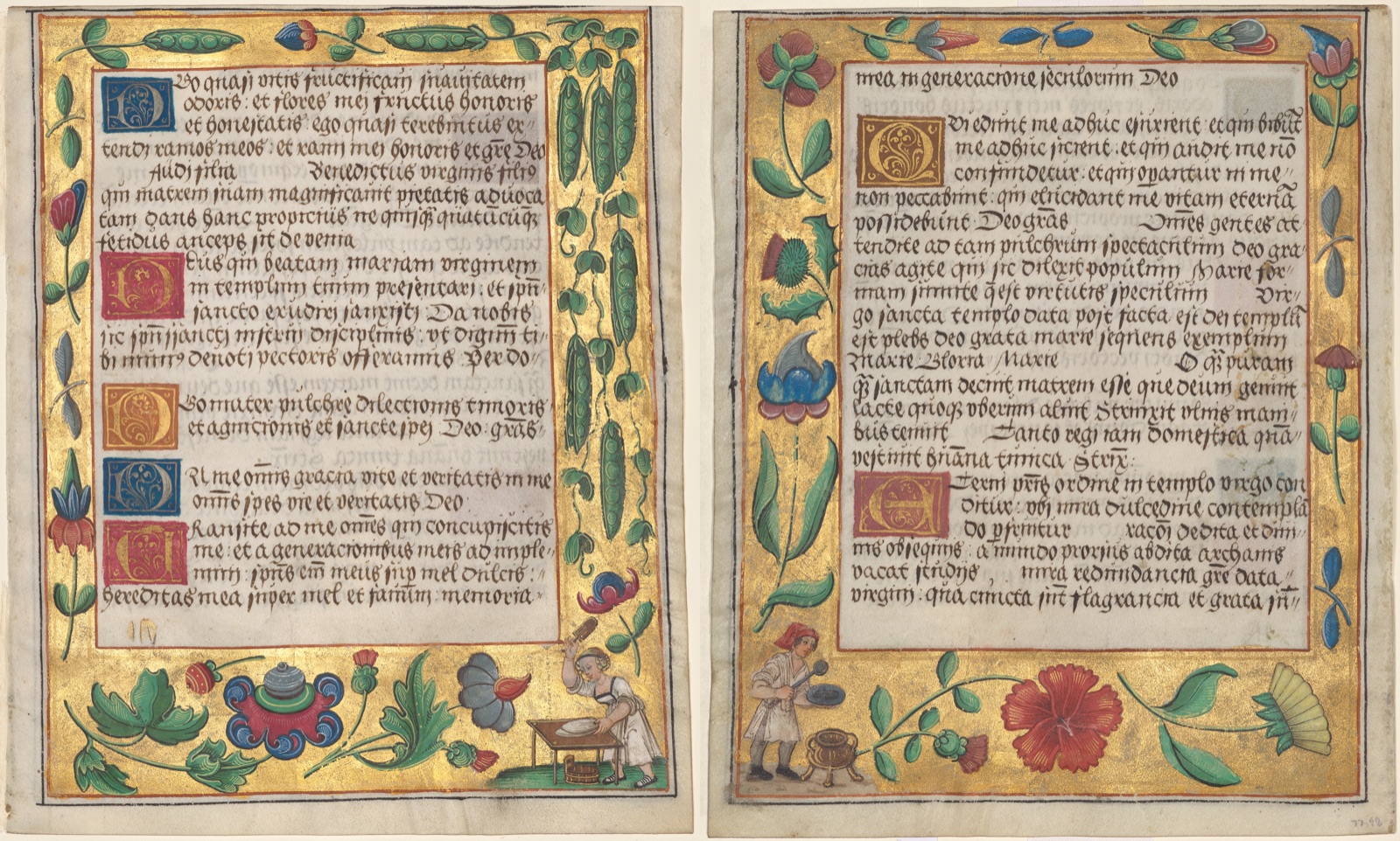 Leaf from a Psalter and Prayerbook: Ornamental Border with Pea Vines and a Girl Kneading Bread (recto) and Ornamental Boarder with Carnations, a Thistle, and a Cook Ladling Soup (verso) (1 of 3 Excised Leaves)