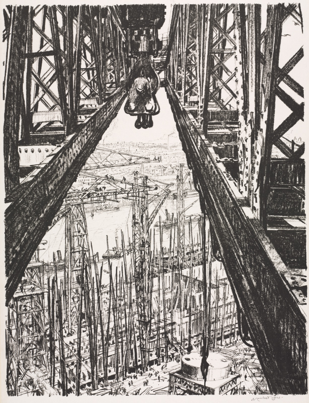 The Great War: Britain's Efforts and Ideals; Building Ships: A Shipyard Seen from a Big Crane — Muirhead Bone (British, 1876–1953)