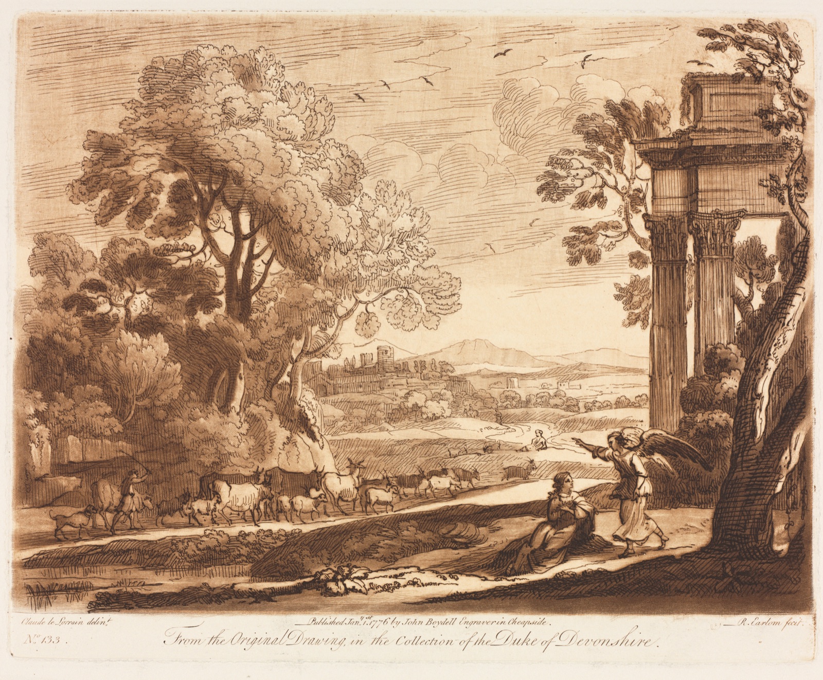 Liber Veritatis: No. 133, A Landscape, with Cattle, and the Angel Comforting Hagar — Richard Earlom (British, 1743–1822); Claude Lorrain (French, 1604–1682); John Boydell (British, 1720–1804)