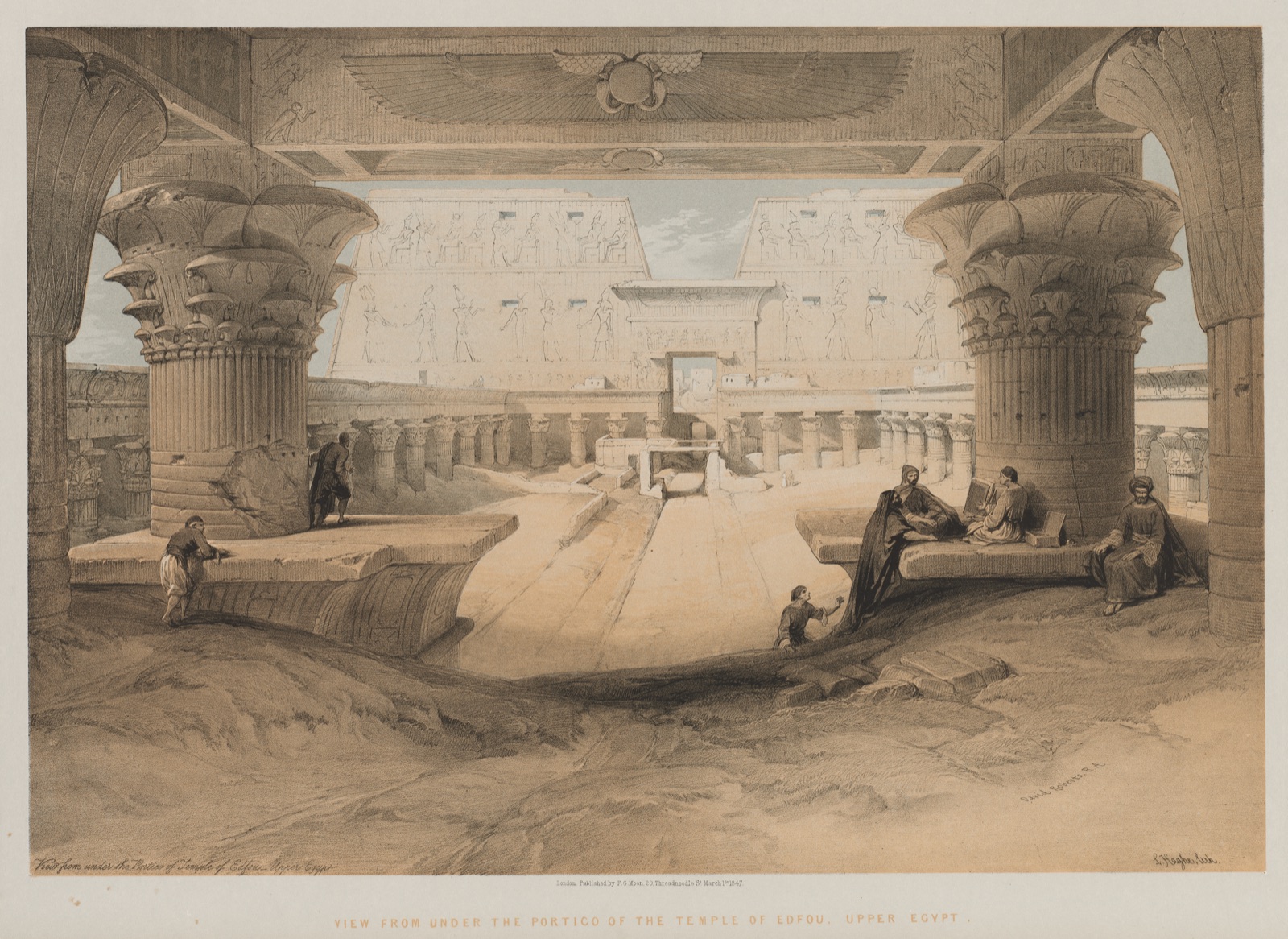 Egypt and Nubia, Volume I: View from Under the Portico of the Temple of Edfou, Upper Egypt — Louis Haghe (British, 1806–1885); F. G. Moon, 20 Threadneedle Street, London; David Roberts (Scottish, 1796–1864)