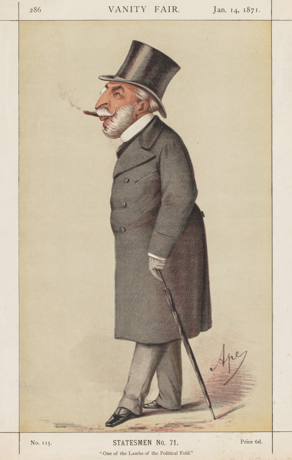 Vanity Fair: Statesman, No. 71 "One of the Lambs of the Political Fold" — Carlo (Ape) Pellegrini (Italian, 1839–1889); Vanity Fair. (Boston: Frame Central, 1992.) p. 2, 14 Jan., 1871, S. No. 71