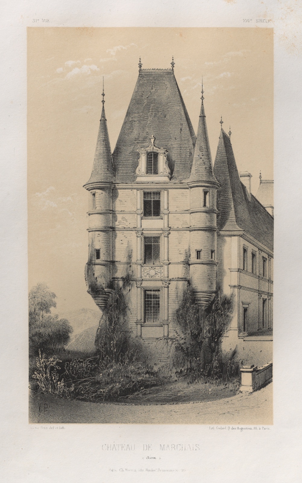 Architecture Pittoresque ou Monuments des xveme. Et xvieme. Siecles: Chateaux De France des XV et XVI Siecles: Pl. 31, Château De Marchais (Aisne) — Victor Petit (French, 1817–1874); Charles Boivin (publisher and editor); Lith de Godard a Paris (printer)