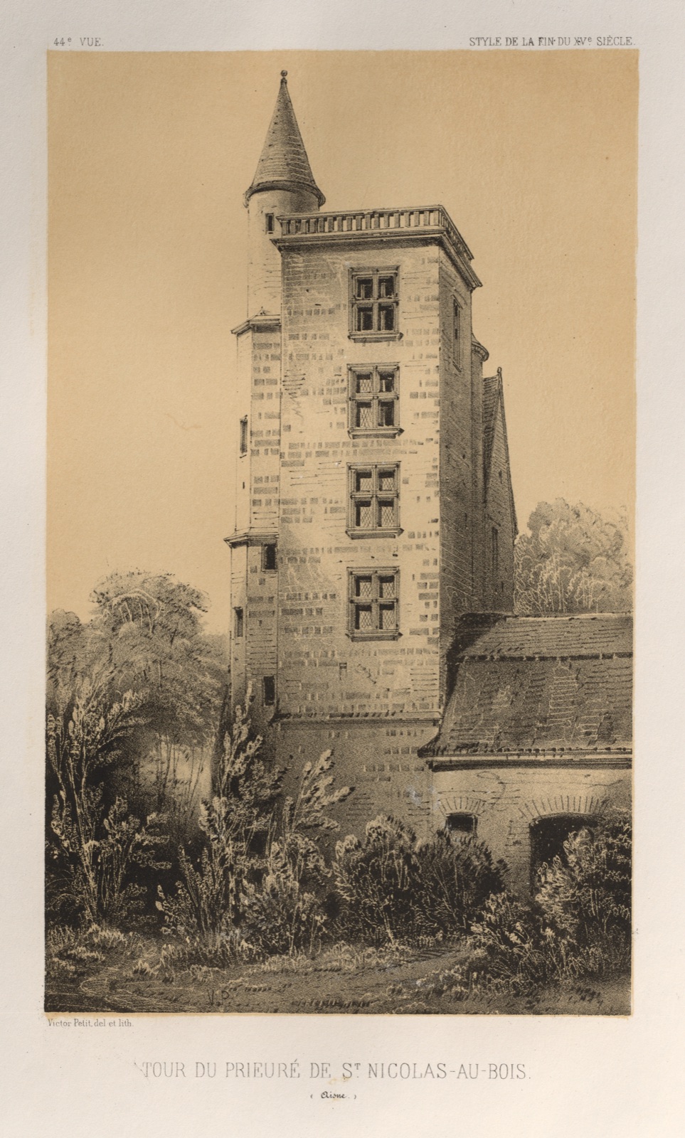 Architecture Pittoresque ou Monuments des xveme. Et xvieme. Siecles: Chateaux De France des XV et XVI Siecles: Pl. 44, Tour Du Prieuré De St. Nicolas-Au-Bois (Aisne) — Victor Petit (French, 1817–1874); Charles Boivin (publisher and editor); Lith de Godard a Paris (printer)