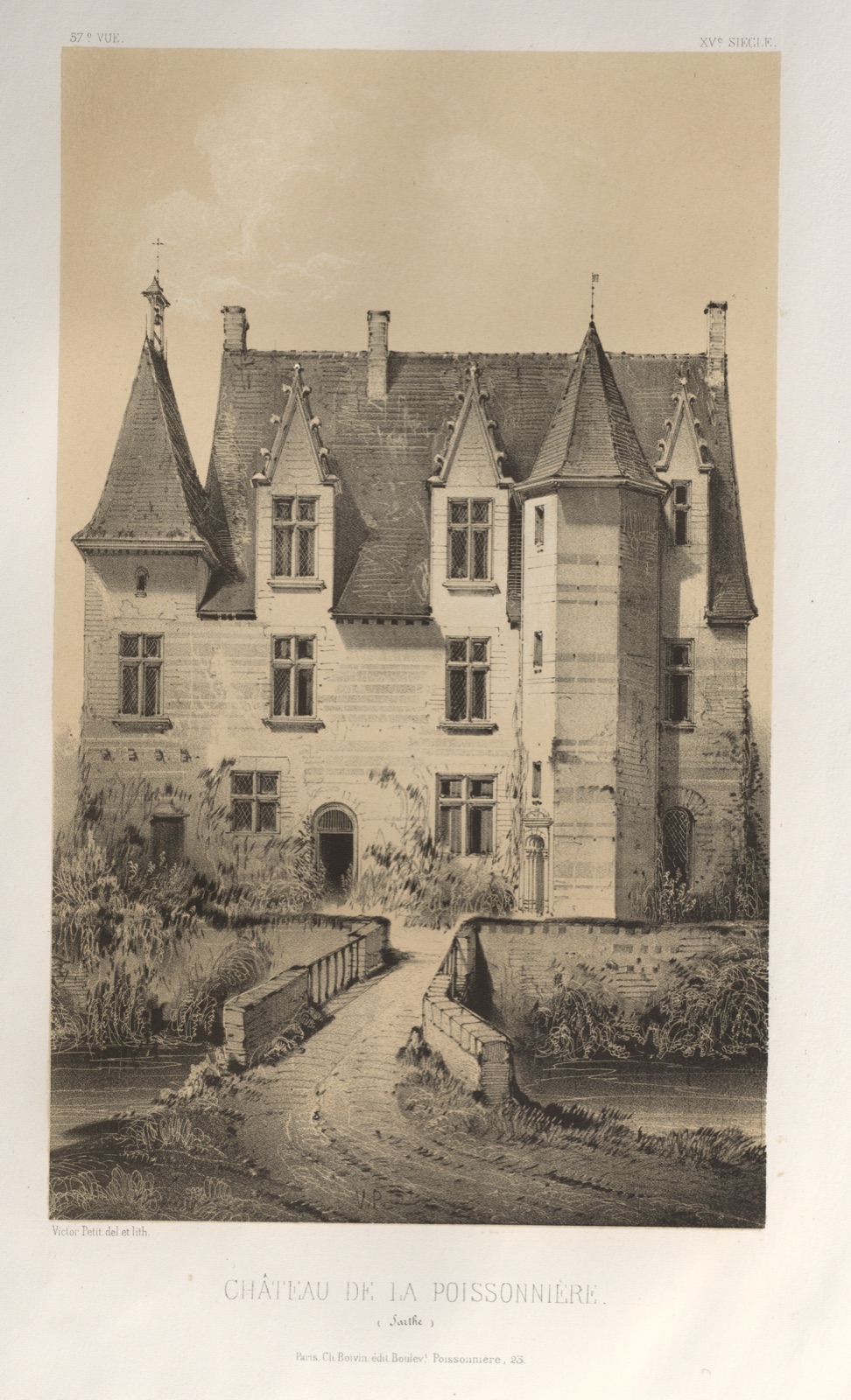 Architecture Pittoresque ou Monuments des XVeme. Et XVIeme. Siecles: Chateaux de France des XV et XVI Siecles: Pl. 57, Château De La Poissonnière (Sarthe) — Victor Petit (French, 1817–1874); Charles Boivin (publisher and editor); Lith de Godard a Paris (printer)