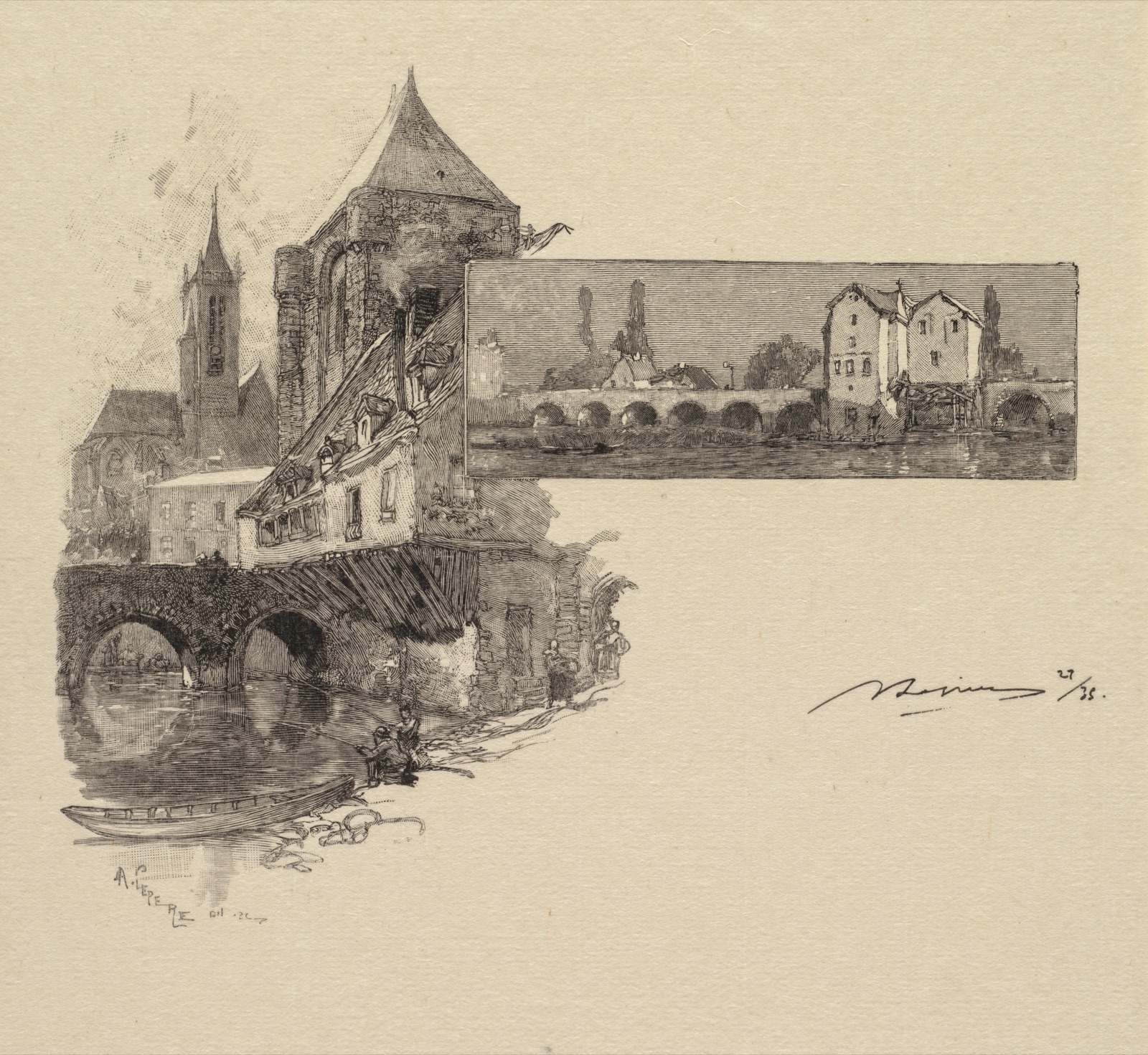 Fontainebleau Forest: Moret, the Wood-Mill (La Forêt de Fontainebleau: Moret, la porte de Montereau, le moulin à tan) — Auguste Louis Lepère (French, 1849–1918); A. Desmoulins, Published in Revue Illustrée, 1887–90