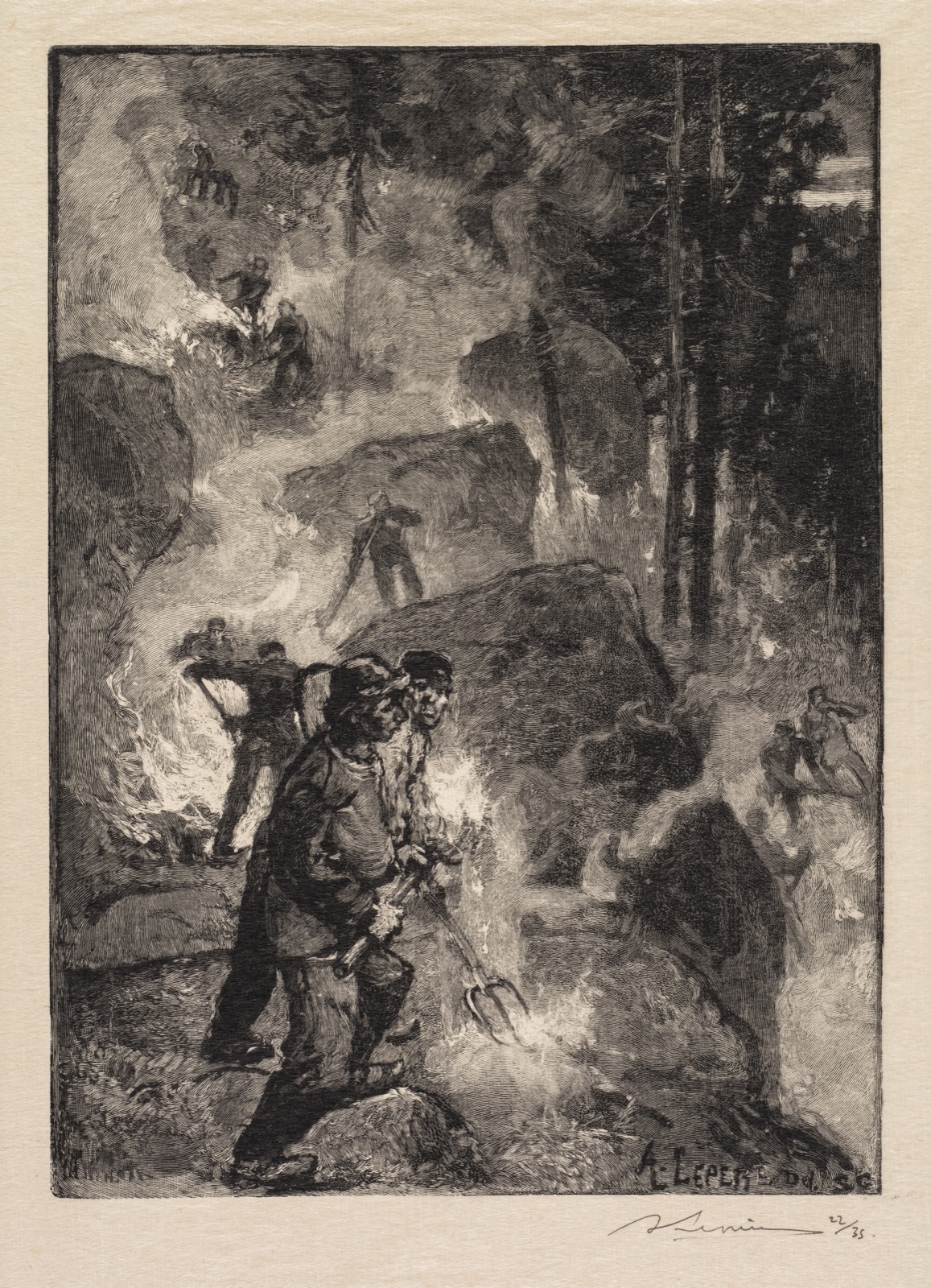 Fontainebleau Forest: Fern Burners (La Forêt de Fontainebleau: Les brûleurs de fougères) — Auguste Louis Lepère (French, 1849–1918); A. Desmoulins, Published in Revue Illustrée, 1887–90