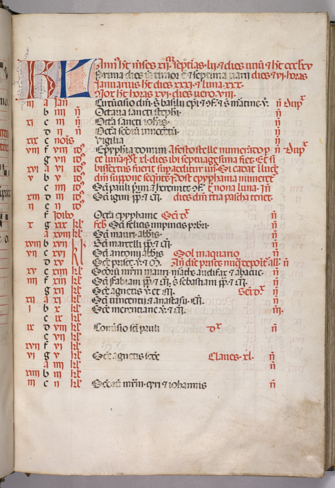 Missale: Fol. 3r: January Calendar Page — Bartolommeo Caporali (Italian, c. 1420–1503); Giapeco Caporali (Italian, d. 1478)