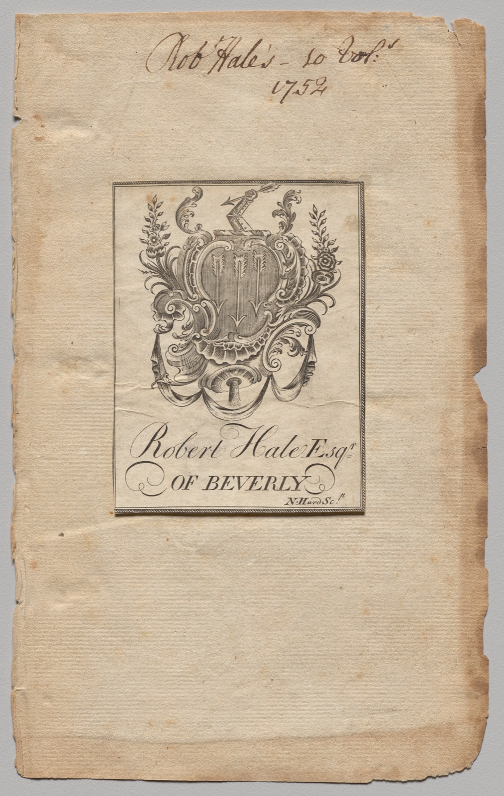 Bookplate: Coat of Arms with Robert Hale, Esq. inscribed — Nathaniel Hurd (American, 1730–1778)