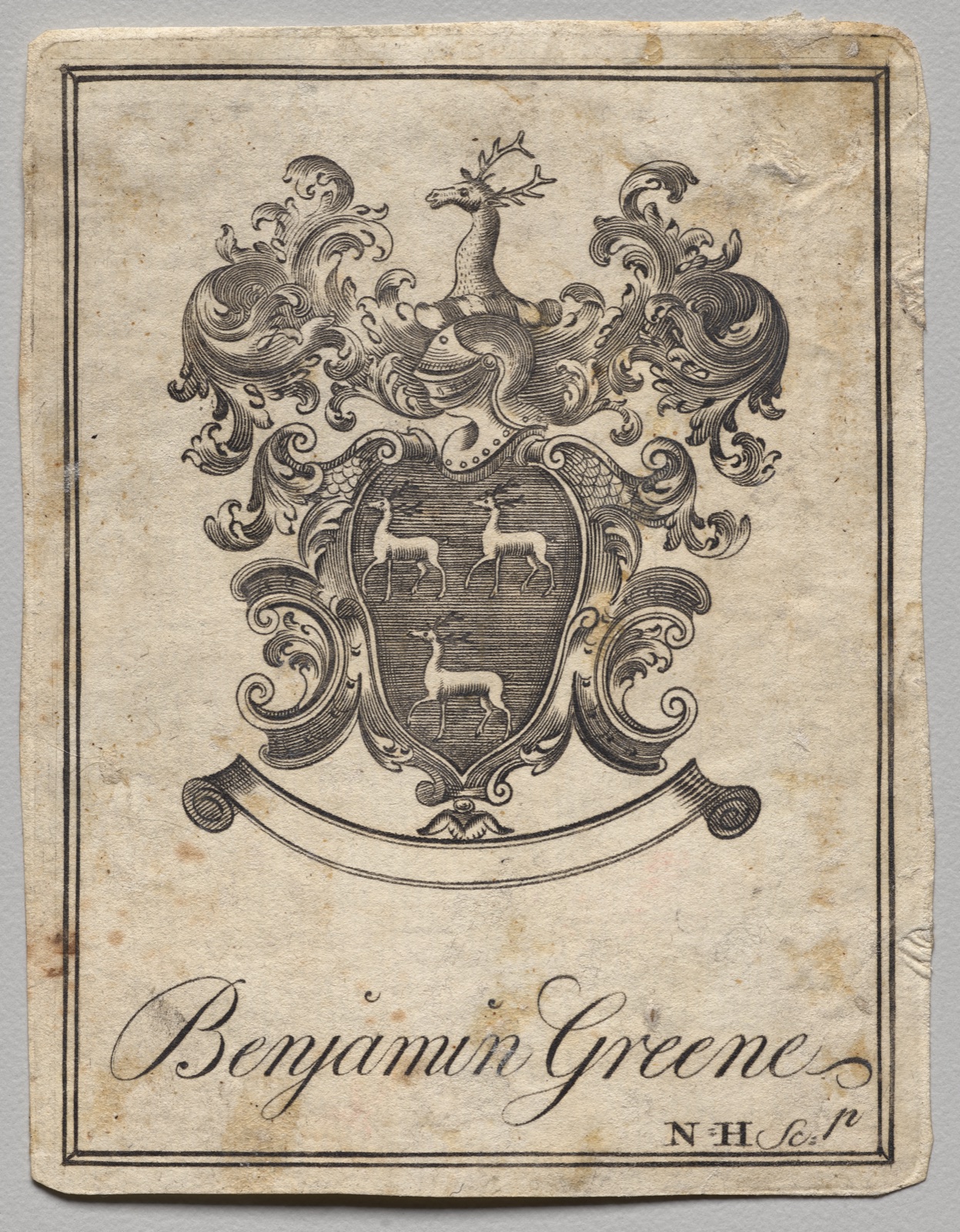 Bookplate: Coat of Arms with Benjamin Greene inscribed — Nathaniel Hurd (American, 1730–1778)