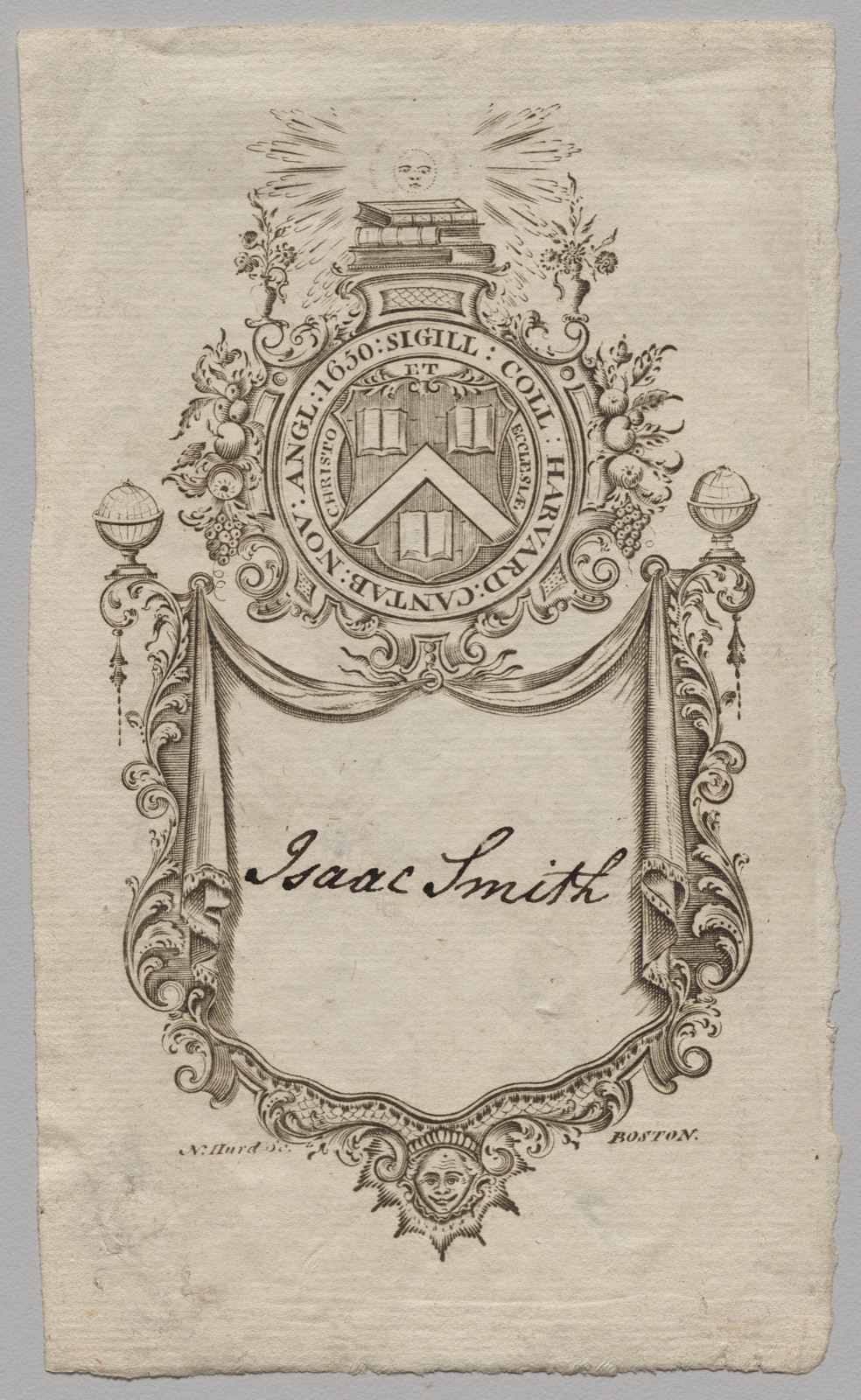 Bookplate: Coat of Arms with Isaac Smith inscribed — Nathaniel Hurd (American, 1730–1778)