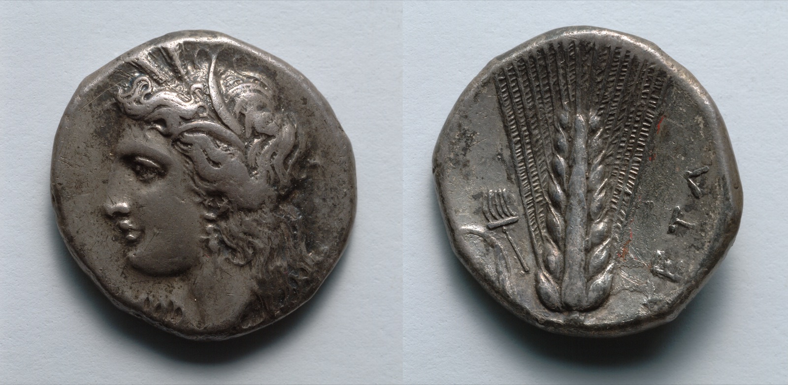 Stater: Head of Demeter (obverse); Barley (reverse)