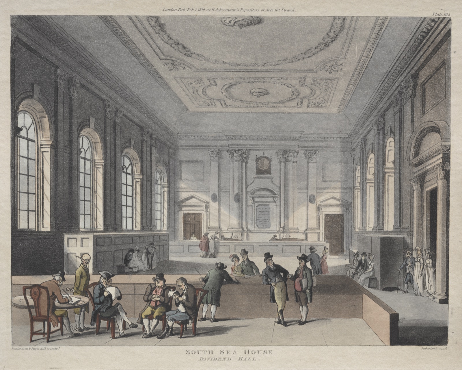 South Sea House, Dividend Hall — Thomas Rowlandson (British, 1756–1827); Augustus Charles Pugin (British, 1762–1832)